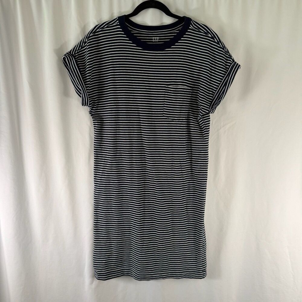 Gap Dress Women's Small Tall Blue White Striped Short Sleeve Round Neck Pocket